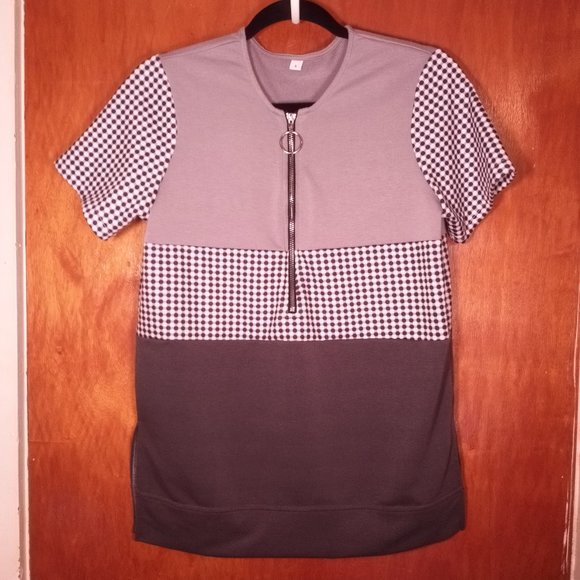 Unknown Tops - No Name Ring Zipper Soft Polka Dot Grey Shirt T-Shirt Gray Charcoal Black White